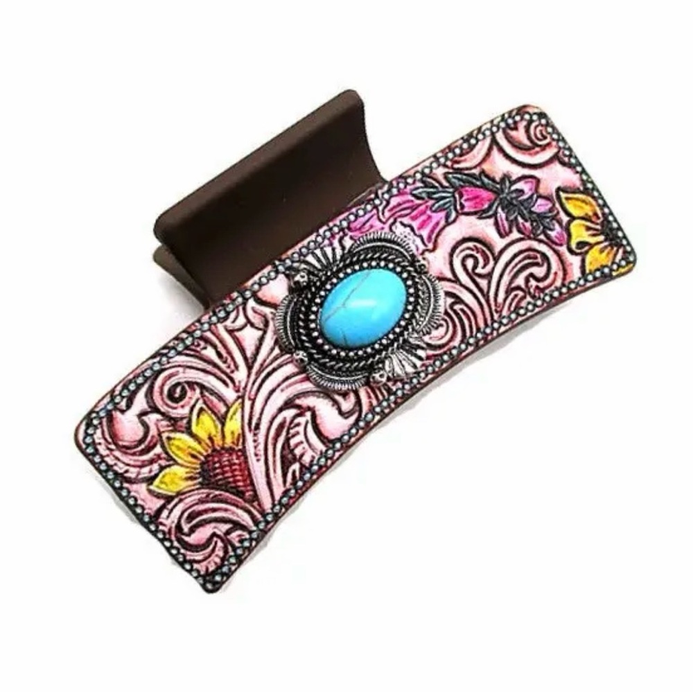 Elegant Pink and Brown Hair Clip with Turquoise Detail